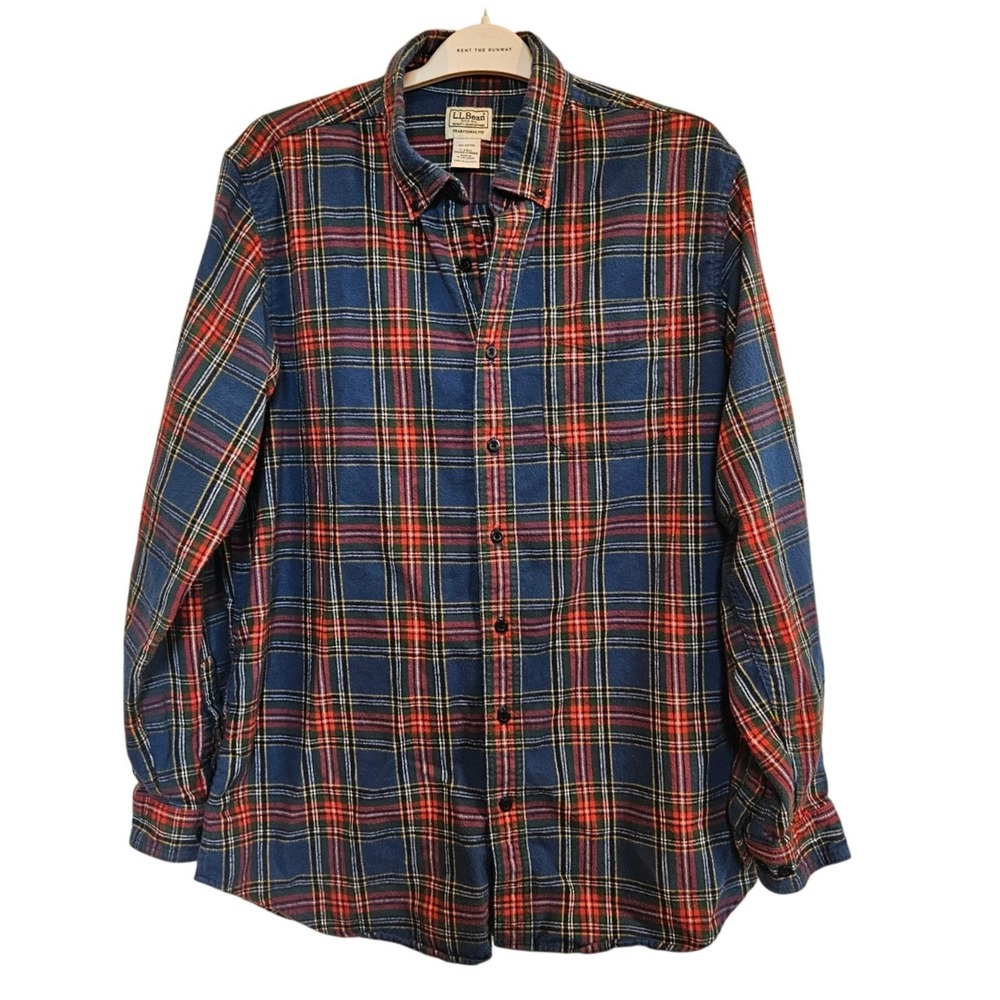 LL Bean Large Tall Flannel Shirt Traditional Fit Plaid Cotton Blue Red 228066